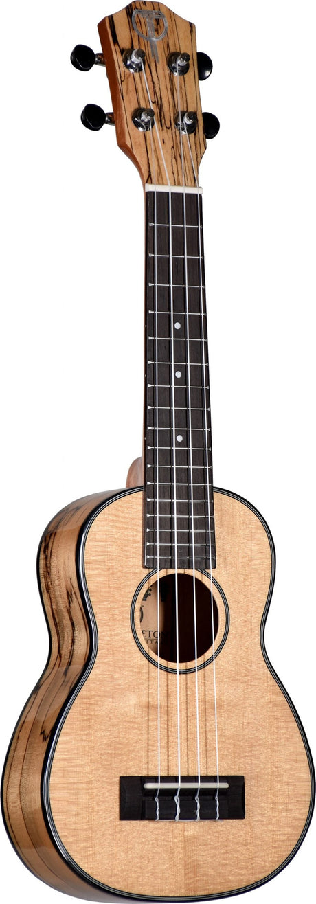 The image shows a beautiful ukulele with a natural wood body featuring light-colored top and darker striped back and sides. It has a traditional figure-8 shape, four nylon strings, a dark fretboard with position dots, and four chrome tuning pegs with black buttons in a 2+2 layout. Likely a concert or tenor size, this well-crafted instrument highlights quality woodwork and classic ukulele design.