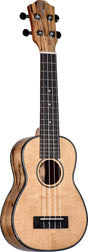 The image shows a beautiful ukulele with a natural wood body featuring light-colored top and darker striped back and sides. It has a traditional figure-8 shape, four nylon strings, a dark fretboard with position dots, and four chrome tuning pegs with black buttons in a 2+2 layout. Likely a concert or tenor size, this well-crafted instrument highlights quality woodwork and classic ukulele design.