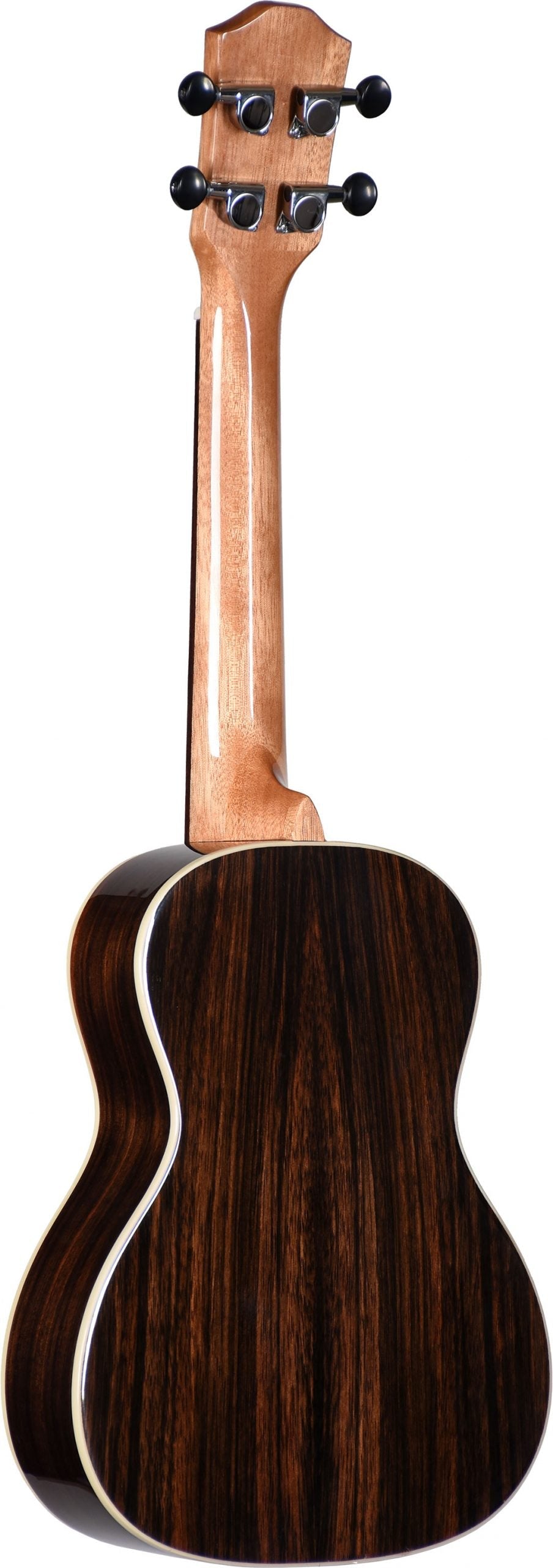The image shows the back of a well-crafted ukulele with dark, striped wood on the body and lighter wood on the neck. It features light binding around the edges, four black geared tuning pegs on a traditional curved headstock, and is likely concert or tenor size. The visible wood grain and clean finish suggest it’s made from premium tonewoods, appealing to both beginners and experienced players.
