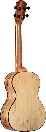 The image shows the back and headstock of a traditional acoustic ukulele, likely concert or tenor size. It features a glossy reddish-brown wooden headstock with four black tuning pegs in a 2+2 layout. The body has light-colored wood with visible grain and dark binding around the edges. This mid-range, four-string Hawaiian instrument combines contrasting woods and a clean finish, suitable for beginners and intermediate players.