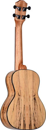 The image shows the back of a wooden ukulele with distinctive dark streaked grain, likely spalted or figured wood. It features a headstock with 8 black tuning pegs, chrome tuners, a long neck, black binding around the body edges, and the classic figure-8 shape. The instrument appears well-crafted, possibly a concert or tenor size, with a natural wood finish highlighting its attractive grain pattern.