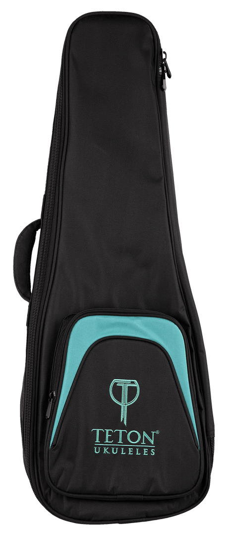 The image shows a TETON UKULELES black soft-shell ukulele gig bag with turquoise/teal accents on the front pocket. It features the TETON logo and "UKULELES" text, multiple zippers, a side handle, and padded construction for protection. This lightweight, portable case is designed to safeguard the instrument from minor bumps and weather, offering a professional look likely bundled with or sold for TETON ukuleles.