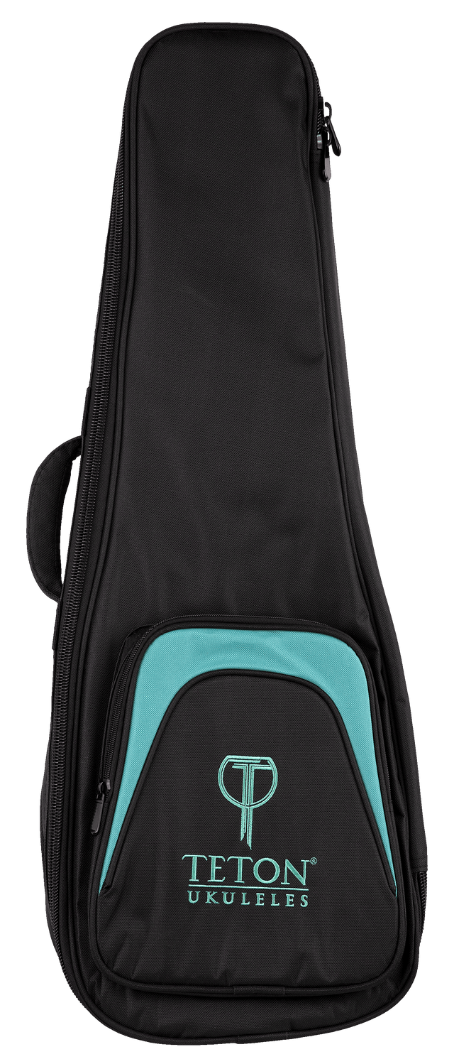 The image shows a TETON UKULELES black soft-shell ukulele gig bag with turquoise/teal accents on the front pocket. It features the TETON logo and "UKULELES" text, multiple zippers, a side handle, and padded construction for protection. This lightweight, portable case is designed to safeguard the instrument from minor bumps and weather, offering a professional look likely bundled with or sold for TETON ukuleles.