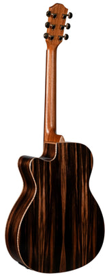 The image shows the back and side of an acoustic guitar with a cutaway design, featuring dark wood with striking vertical grain patterns, likely ebony or a similar exotic hardwood. The neck is a lighter wood, possibly mahogany or cedar. The headstock has six black tuning pegs (three per side). Photographed against a white background, the guitar appears to be a high-quality, professional-grade instrument.