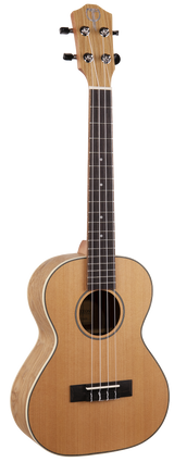 The image shows a tenor ukulele with a natural light wood finish, a dark fretboard with white markers, and four nylon strings. It has four tuning pegs in a 2x2 layout, a traditional figure-8 body with decorative binding, a central sound hole, and a black bridge. Its size is larger than soprano and concert ukuleles but smaller than baritone, suggesting a mid-to-high-end instrument suitable for various skill levels.