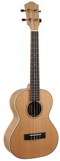 The image shows a tenor ukulele with a natural light wood finish, a dark fretboard with white markers, and four nylon strings. It has four tuning pegs in a 2x2 layout, a traditional figure-8 body with decorative binding, a central sound hole, and a black bridge. Its size is larger than soprano and concert ukuleles but smaller than baritone, suggesting a mid-to-high-end instrument suitable for various skill levels.