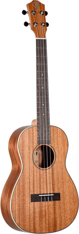 The image shows a compact ukulele with four strings, a traditional figure-8 body, and a natural wood finish highlighting its grain. It features a fretted neck with white dot position markers, four tuning pegs on the headstock, and a black bridge and saddle. Positioned against a white background, the ukulele appears well-crafted and suitable for players of all levels, commonly used in Hawaiian and folk music.