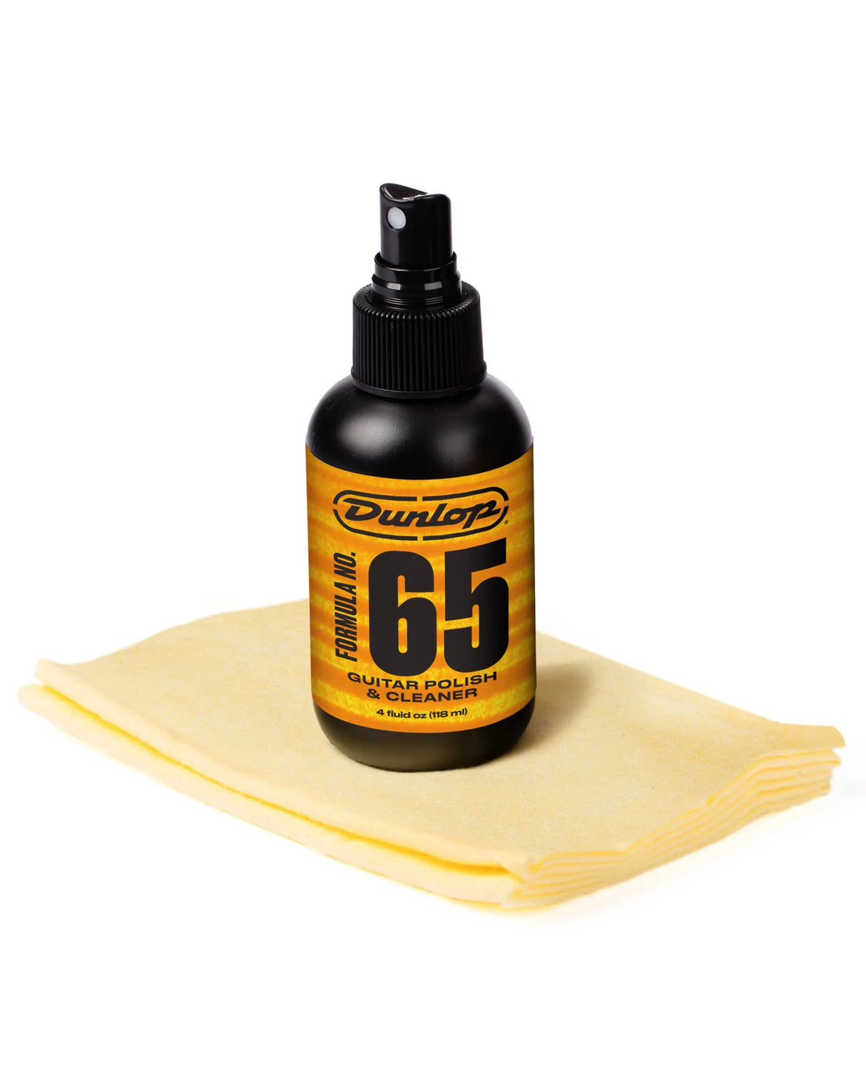 The image shows a black spray bottle of Dunlop Formula 65 Guitar Polish & Cleaner, containing 4 fl oz (118 ml). The bottle features an orange-yellow label and rests on a yellow microfiber cloth. This product is designed to clean and polish guitar finishes, helping maintain and protect the instrument’s appearance. Dunlop is a well-known brand for guitar care products, including polishes, picks, and strings.