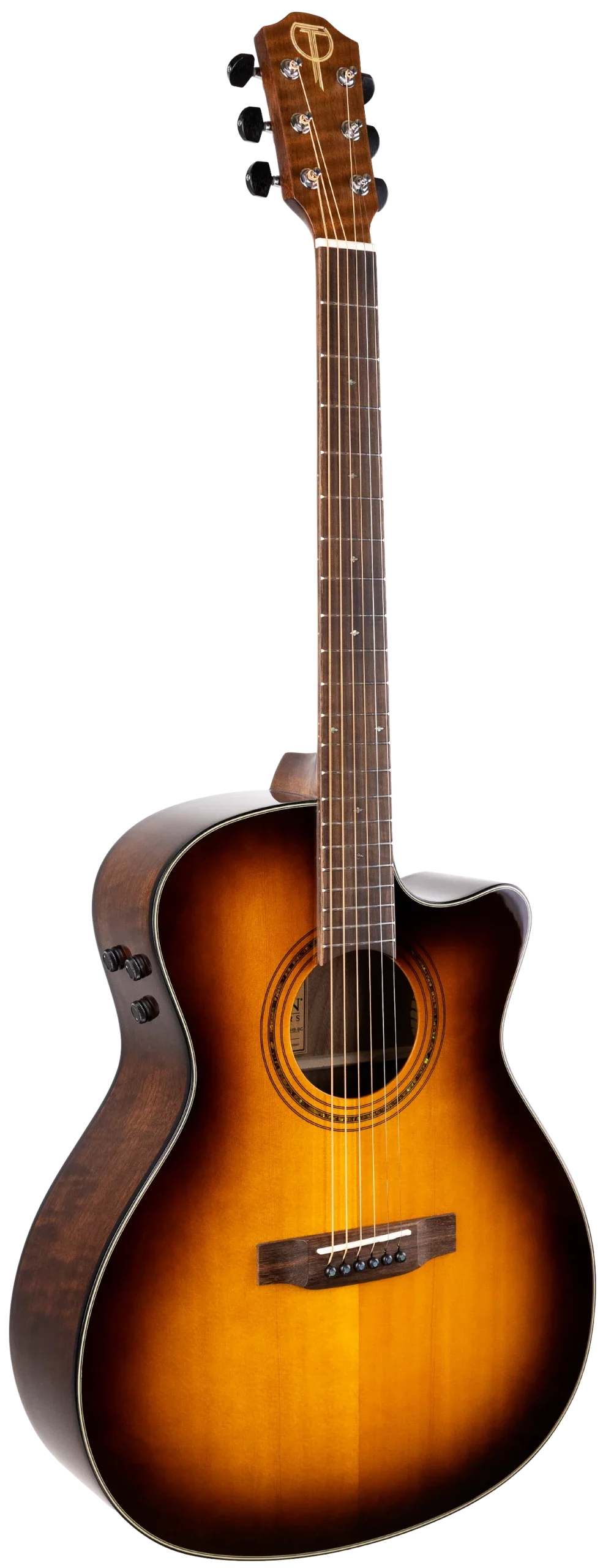 The image shows an acoustic-electric guitar with a sunburst finish and a cutaway body for easier fret access. It features steel strings, a dark fretboard, chrome tuning machines, and a "T" logo on the headstock. Visible control knobs indicate built-in electronics for amplification. The guitar combines classic acoustic design with versatile playability, popular among performers needing both natural sound and plug-in capability.