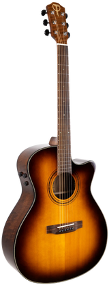 The image shows an acoustic-electric guitar with a sunburst finish and a cutaway body for easier fret access. It features steel strings, a dark fretboard, chrome tuning machines, and a "T" logo on the headstock. Visible control knobs indicate built-in electronics for amplification. The guitar combines classic acoustic design with versatile playability, popular among performers needing both natural sound and plug-in capability.