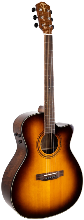The image shows an acoustic-electric guitar with a sunburst finish and a cutaway body for easier fret access. It features steel strings, a dark fretboard, chrome tuning machines, and a "T" logo on the headstock. Visible control knobs indicate built-in electronics for amplification. The guitar combines classic acoustic design with versatile playability, popular among performers needing both natural sound and plug-in capability.