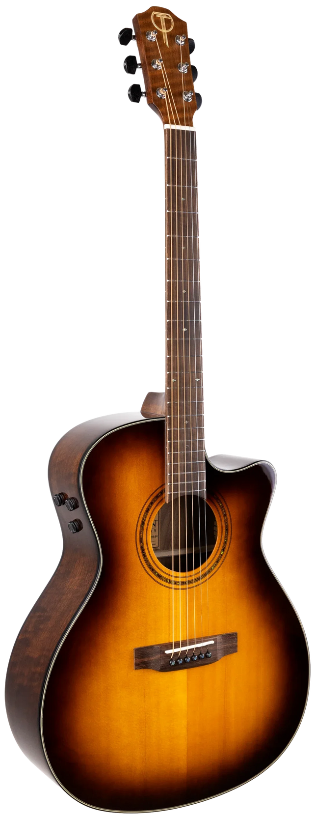 The image shows an acoustic-electric guitar with a sunburst finish and a cutaway body for easier fret access. It features steel strings, a dark fretboard, chrome tuning machines, and a "T" logo on the headstock. Visible control knobs indicate built-in electronics for amplification. The guitar combines classic acoustic design with versatile playability, popular among performers needing both natural sound and plug-in capability.