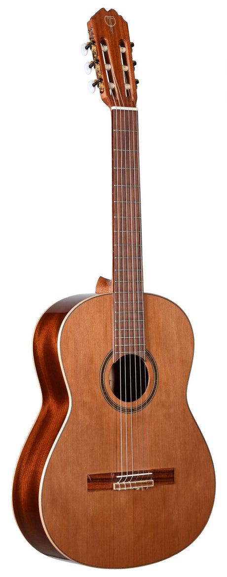 The image shows a classical nylon-string acoustic guitar with a traditional body featuring a warm wood soundboard, likely cedar or spruce, and darker back and sides, possibly rosewood or mahogany. It has a classical neck with a dark fretboard, a traditional headstock with 3+3 tuning pegs, a dark wood tie bridge, a round soundhole with decorative rosette, and light-colored binding. The guitar appears well-crafted and suitable for various acoustic styles.