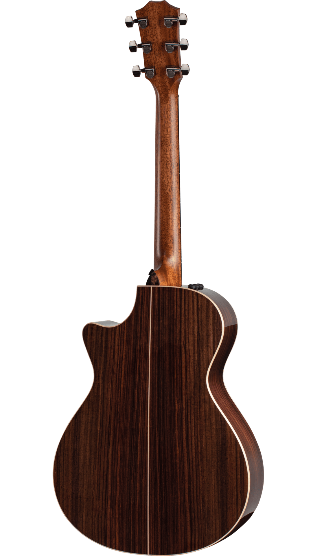 The image shows the back of a high-quality acoustic-electric guitar with rich dark wood grain, likely rosewood, and light-colored binding. It features a cutaway body, chrome tuning pegs (six, three per side), and visible electronics for amplification. The vertical wood grain and classic steel-string construction highlight its professional-grade design for both acoustic and amplified playing.