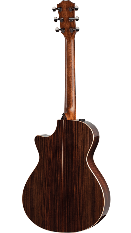 The image shows the back of a high-quality acoustic-electric guitar with rich dark wood grain, likely rosewood, and light-colored binding. It features a cutaway body, chrome tuning pegs (six, three per side), and visible electronics for amplification. The vertical wood grain and classic steel-string construction highlight its professional-grade design for both acoustic and amplified playing.