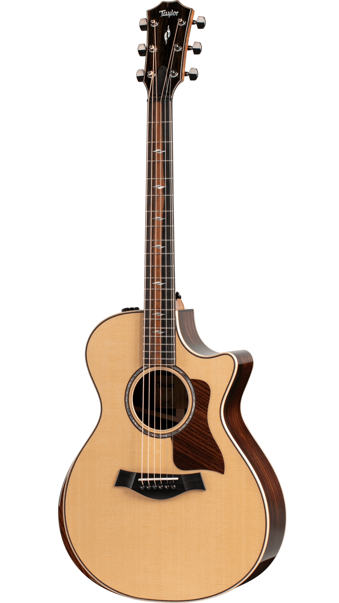 The image shows a high-quality Taylor acoustic guitar with a Grand Auditorium cutaway body. It features a natural spruce top with a glossy finish, dark rosewood back and sides, and a dark wood fretboard with abalone inlays. Chrome tuning pegs, a tortoiseshell pickguard, and acoustic-electric electronics are visible. The guitar has elegant binding, a 6-string steel configuration, and professional-grade craftsmanship typical of Taylor’s higher-end models.