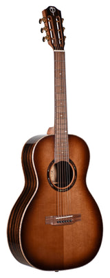 The image shows a beautiful classical acoustic guitar with a sunburst finish, solid spruce top, and dark wood back and sides with decorative binding. It features a clean neck with a rosewood fretboard, traditional headstock with gold tuning pegs in a 3+3 layout, a round sound hole with a decorative rosette, and a classical-style bridge for nylon strings. The guitar appears well-crafted and mid to high-end.