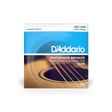 The image shows a package of D'Addario EJ16 Phosphor Bronze acoustic guitar strings in light gauge (.012-.053). The blue and orange packaging features an acoustic guitar sound hole. These strings offer a warm, bright, and balanced tone with longer durability due to phosphor content. Light gauge strings provide easier playability and bending, ideal for beginners and experienced players seeking lower string tension.