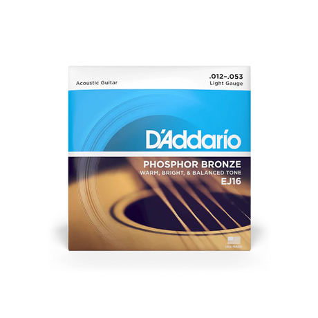 The image shows a package of D'Addario EJ16 Phosphor Bronze acoustic guitar strings in light gauge (.012-.053). The blue and orange packaging features an acoustic guitar sound hole. These strings offer a warm, bright, and balanced tone with longer durability due to phosphor content. Light gauge strings provide easier playability and bending, ideal for beginners and experienced players seeking lower string tension.