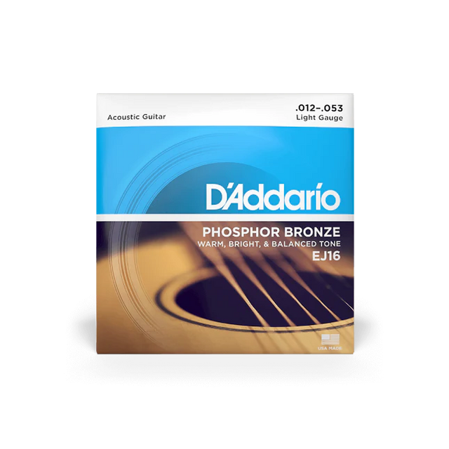 The image shows a package of D'Addario EJ16 Phosphor Bronze acoustic guitar strings in light gauge (.012-.053). The blue and orange packaging features an acoustic guitar sound hole. These strings offer a warm, bright, and balanced tone with longer durability due to phosphor content. Light gauge strings provide easier playability and bending, ideal for beginners and experienced players seeking lower string tension.
