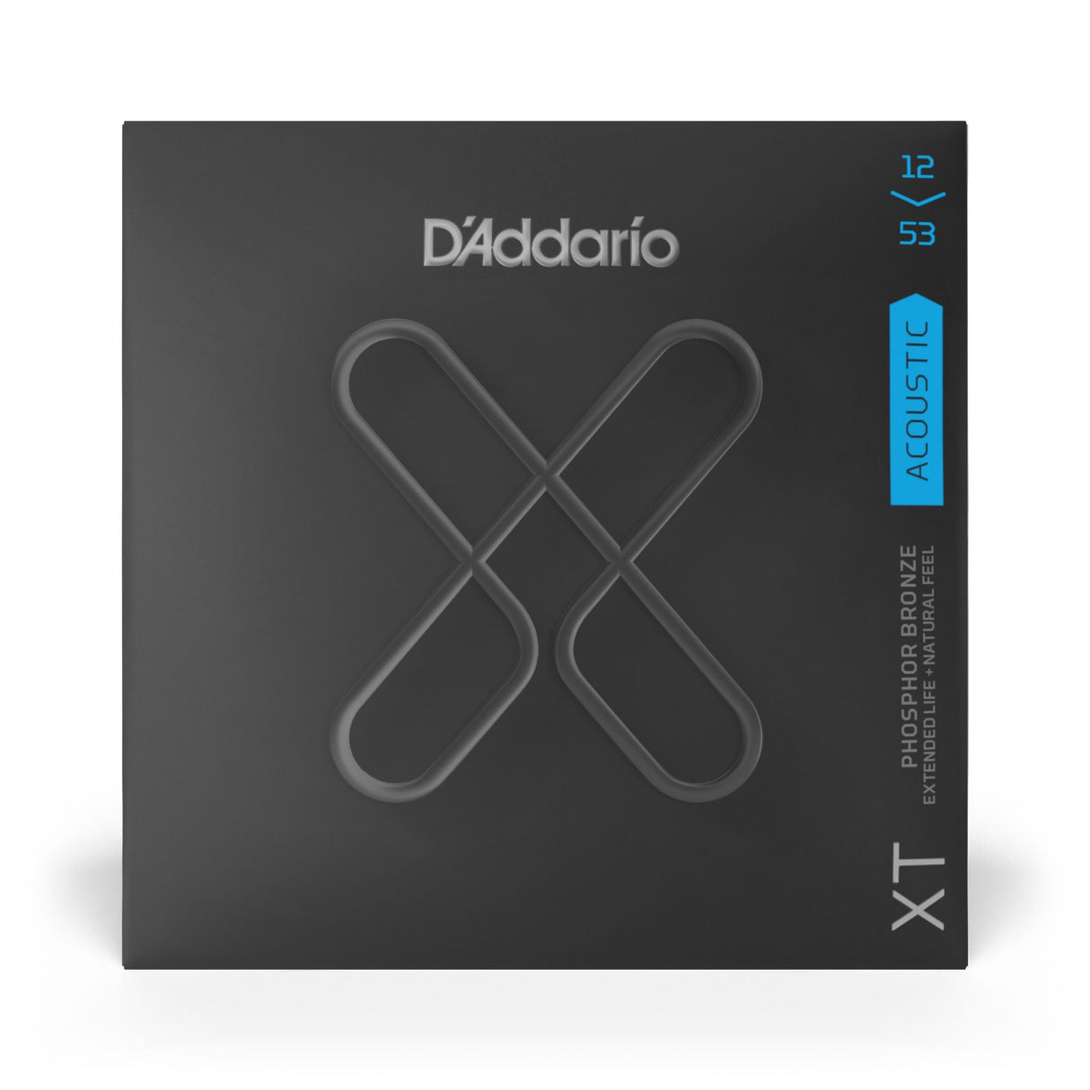 The image shows a D'Addario XT acoustic guitar string set package. It features sleek black packaging with a prominent "X" logo and blue accents. The strings are light gauge (12-53) phosphor bronze with extended life treatment, offering a warm tone and longer durability. This premium set is designed for players seeking lasting strings without compromising sound quality.