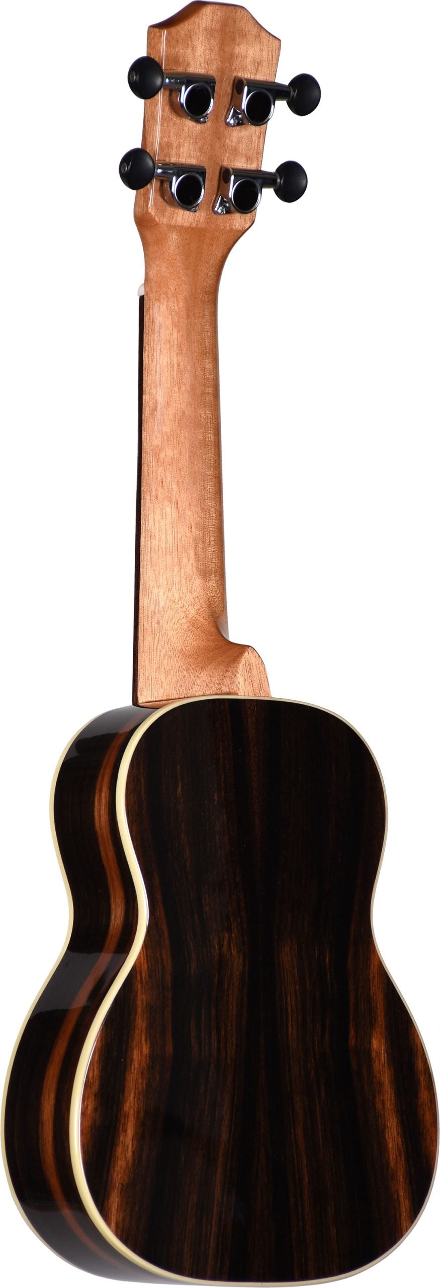 The image shows the back view of a ukulele with dark, glossy wood featuring visible grain, likely rosewood or ebony, and a lighter wood neck. It has decorative binding around the body edges, four black geared tuning pegs on the headstock, and a traditional angled headstock design. The instrument appears to be a concert or tenor size, with professional craftsmanship indicating a mid to high-end model.