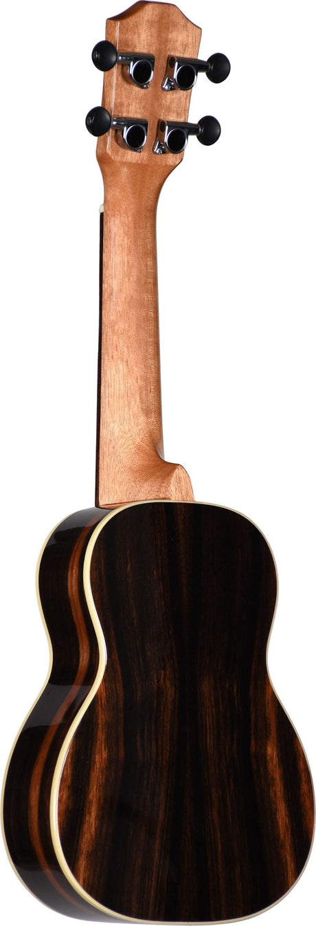 The image shows the back view of a ukulele with dark, glossy wood featuring visible grain, likely rosewood or ebony, and a lighter wood neck. It has decorative binding around the body edges, four black geared tuning pegs on the headstock, and a traditional angled headstock design. The instrument appears to be a concert or tenor size, with professional craftsmanship indicating a mid to high-end model.