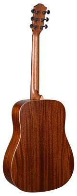 The image shows the back of an acoustic guitar with a reddish-brown wood body and neck, likely mahogany, featuring light-colored binding along the edges. It has six black tuning pegs in a 3+3 configuration on the headstock. The guitar has a dreadnought-style body with a glossy finish and prominent wood grain, indicating high-quality craftsmanship typical of traditional acoustic guitars.
