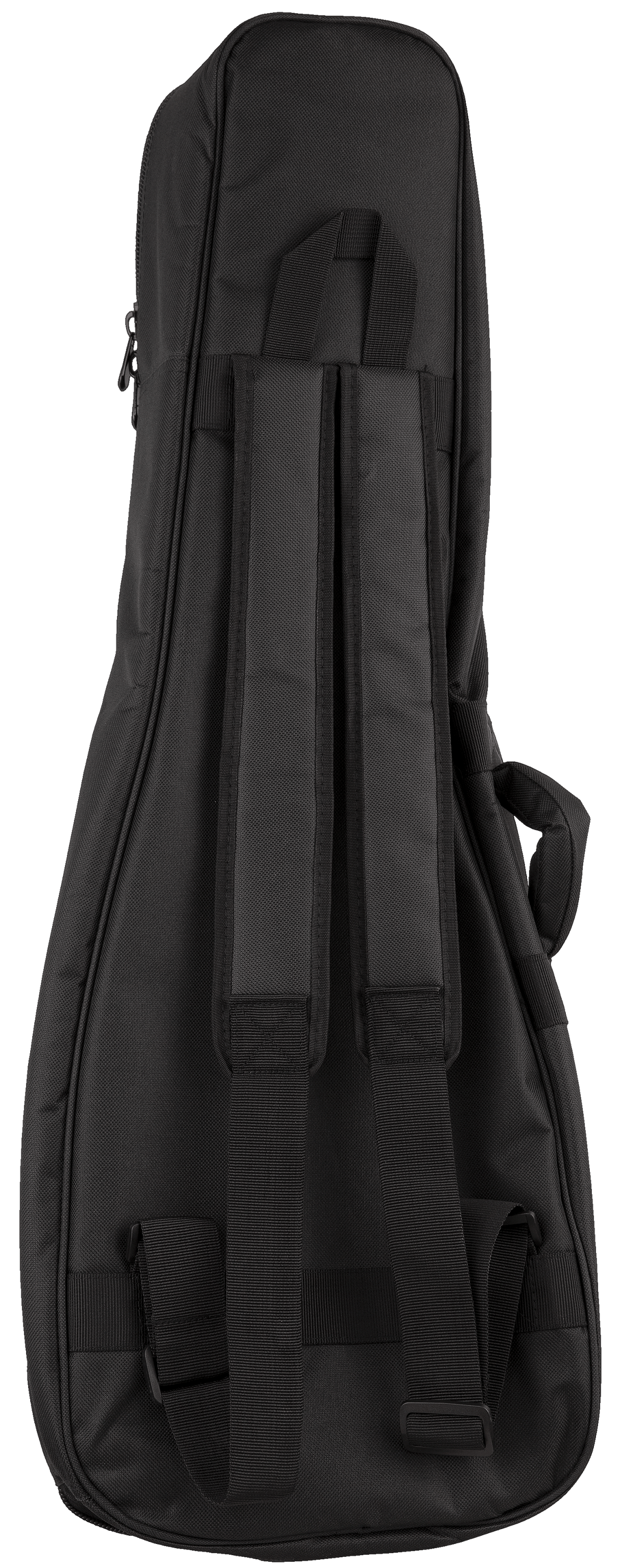 The image shows a black guitar gig bag made of durable nylon with padded protection. It features backpack-style shoulder straps, a top handle, a full-length zipper, and an exterior accessory pocket. Reinforced stitching ensures durability. Lightweight and portable, it offers good protection for acoustic or electric guitars, making it ideal for musicians transporting their instruments to gigs, lessons, or practice.