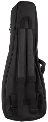 The image shows a black guitar gig bag made of durable nylon with padded protection. It features backpack-style shoulder straps, a top handle, a full-length zipper, and an exterior accessory pocket. Reinforced stitching ensures durability. Lightweight and portable, it offers good protection for acoustic or electric guitars, making it ideal for musicians transporting their instruments to gigs, lessons, or practice.