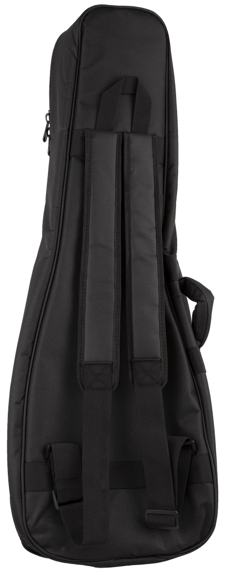 The image shows a black guitar gig bag made of durable nylon with padded protection. It features backpack-style shoulder straps, a top handle, a full-length zipper, and an exterior accessory pocket. Reinforced stitching ensures durability. Lightweight and portable, it offers good protection for acoustic or electric guitars, making it ideal for musicians transporting their instruments to gigs, lessons, or practice.