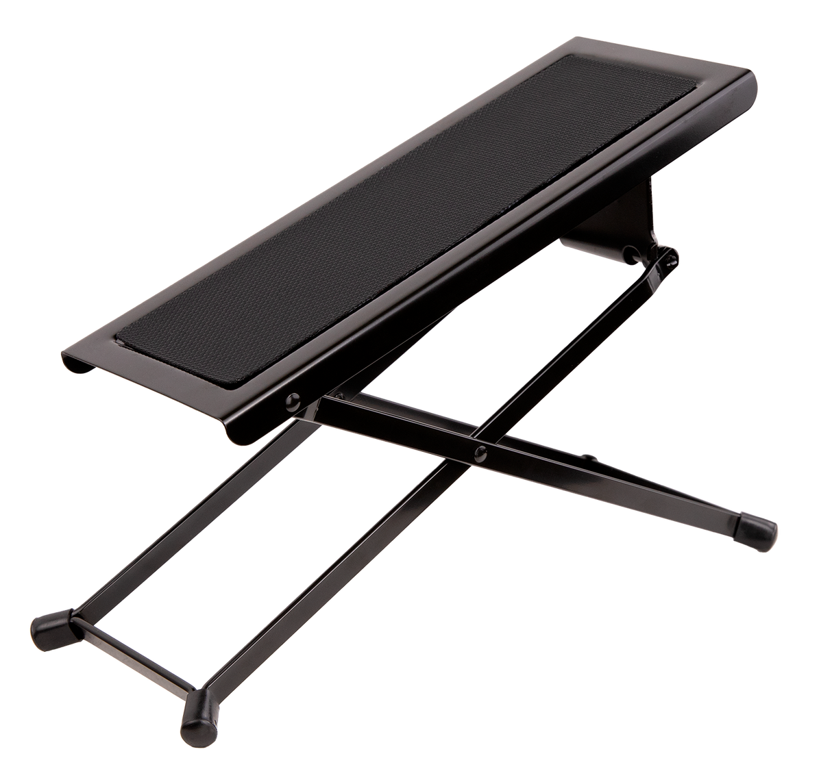The image shows a guitar footstool with a black metal X-shaped folding frame, a padded cushioned top, adjustable height, and rubber feet for stability. It’s designed for classical and acoustic guitarists to elevate the left foot, promoting proper posture and better control. Portable and foldable, it’s a common accessory in music schools, concert halls, and practice rooms.