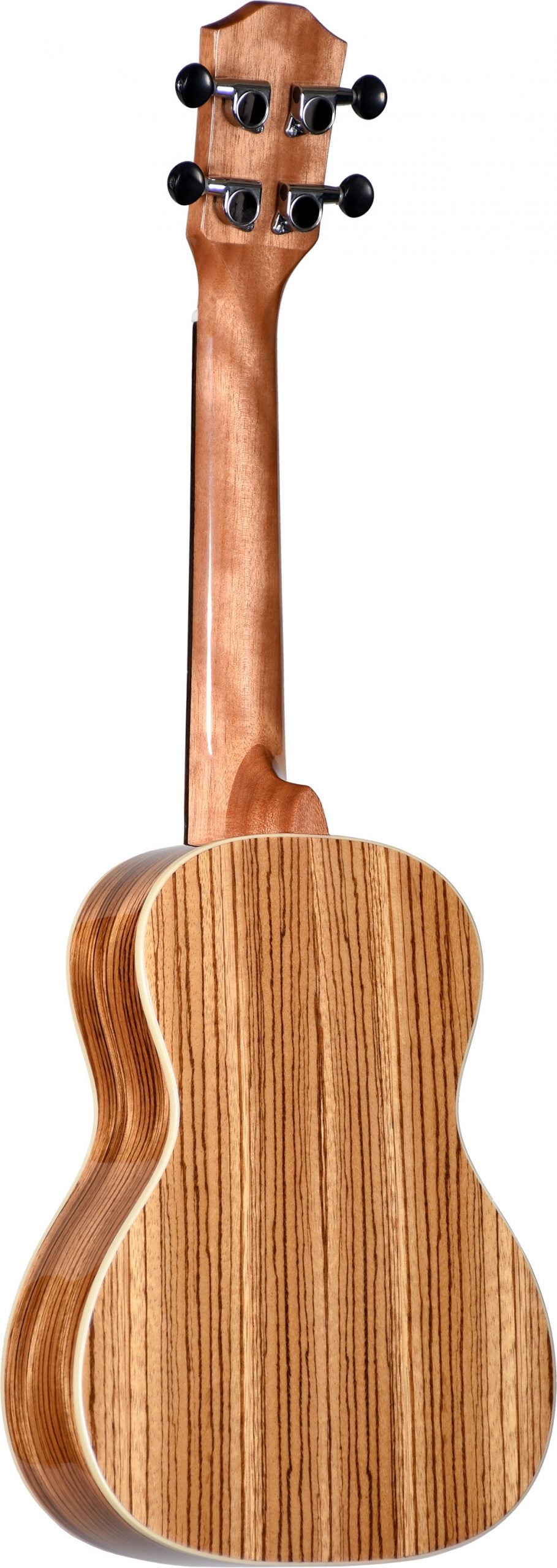 The image shows the back of a concert or tenor ukulele with a natural wood finish highlighting the grain on the body and neck. It features a classic figure-8 shape, light-colored binding around the body, and a traditional rounded headstock with four black geared tuning pegs arranged in a 2x2 configuration. The design is clean and minimalist, emphasizing the fine craftsmanship of this quality string instrument.
