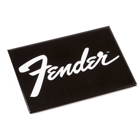 The image shows a black rectangular magnet featuring the iconic white Fender script logo. Fender is a renowned guitar maker famous for models like the Stratocaster and Telecaster. This branded magnet is a simple, classic accessory that fans and guitar enthusiasts might use to show their loyalty on metal surfaces. The clean black and white design reflects Fender’s timeless aesthetic.