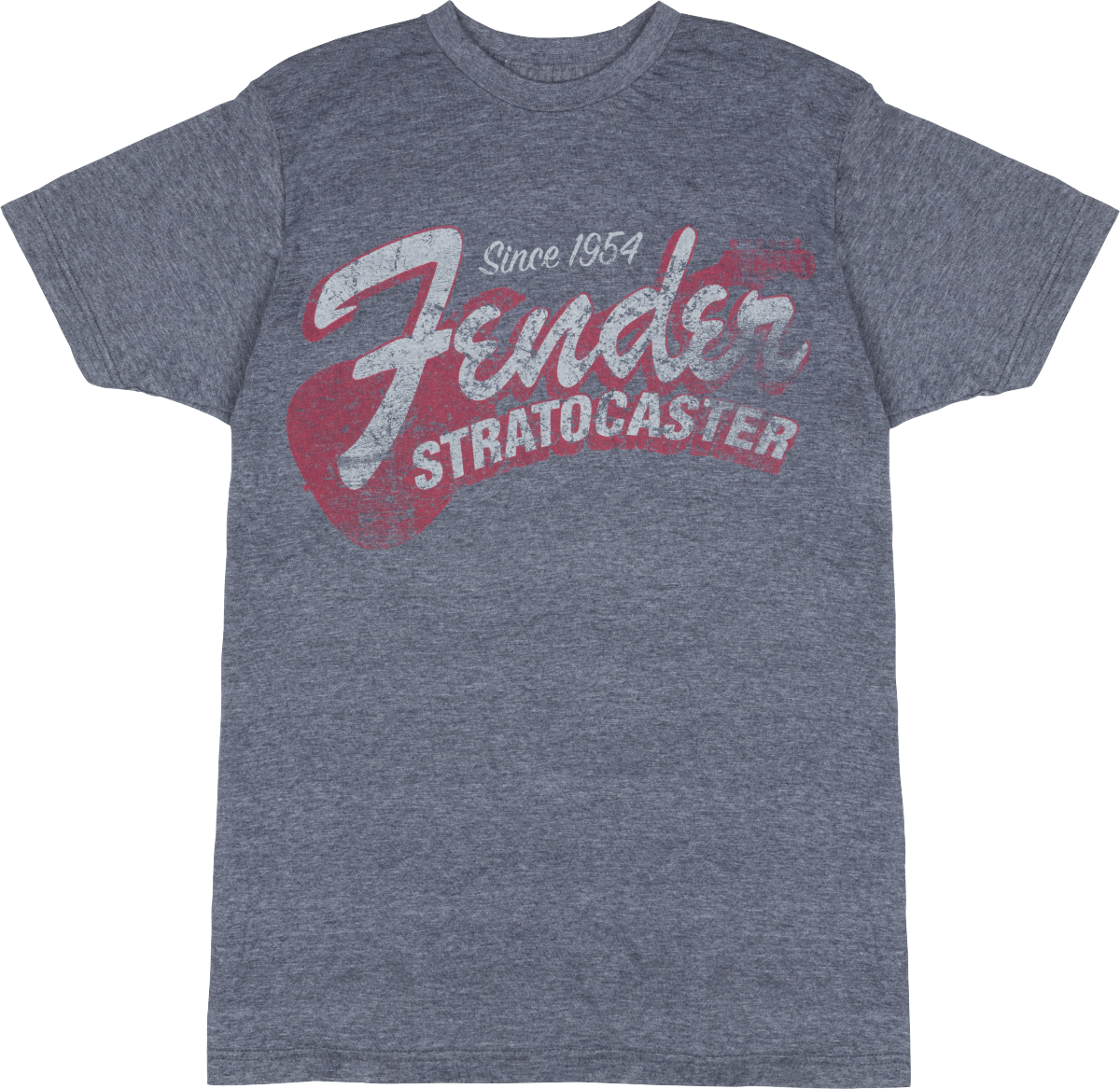 The image shows a heather gray Fender t-shirt featuring vintage-style graphics celebrating the iconic Fender Stratocaster guitar. The design includes "Since 1954," large "Fender" script, bold "STRATOCASTER" text, and a stylized guitar silhouette. This music merchandise appeals to fans and musicians, honoring one of the most influential electric guitars in history.