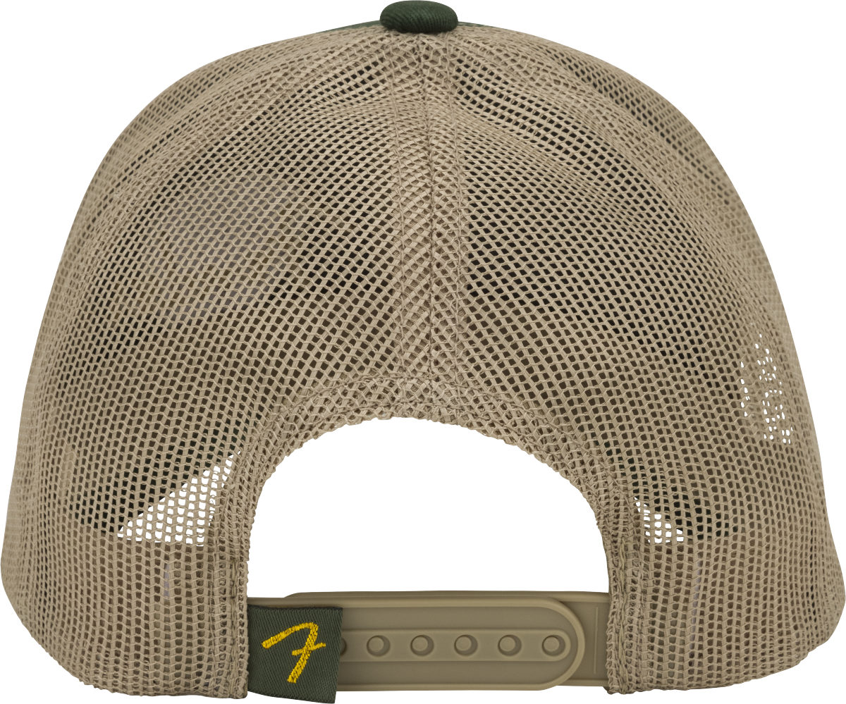 The image shows a tan/khaki baseball or trucker hat with mesh panels, a green button on top, and an adjustable strap with a small logo on the back. There are no visible musical instruments or music industry-related items. It appears to be a regular piece of headwear with no clear connection to the musical instrument industry. Please confirm if this is the correct image or clarify any music-related association.