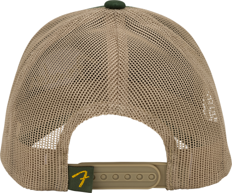 The image shows a tan/khaki baseball or trucker hat with mesh panels, a green button on top, and an adjustable strap with a small logo on the back. There are no visible musical instruments or music industry-related items. It appears to be a regular piece of headwear with no clear connection to the musical instrument industry. Please confirm if this is the correct image or clarify any music-related association.
