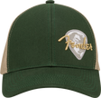 The image shows an olive green Fender baseball cap with tan mesh side panels. The front features an embroidered gold Fender logo overlaying a white and gray guitar pick shape. This official Fender apparel represents the iconic guitar and amplifier brand, popular among musicians and fans of the legendary company known for models like the Stratocaster and Telecaster.