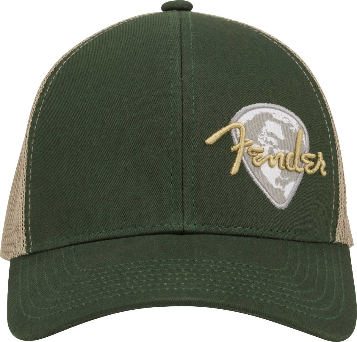 The image shows an olive green Fender baseball cap with tan mesh side panels. The front features an embroidered gold Fender logo overlaying a white and gray guitar pick shape. This official Fender apparel represents the iconic guitar and amplifier brand, popular among musicians and fans of the legendary company known for models like the Stratocaster and Telecaster.