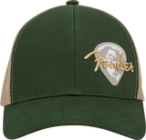 The image shows an olive green Fender baseball cap with tan mesh side panels. The front features an embroidered gold Fender logo overlaying a white and gray guitar pick shape. This official Fender apparel represents the iconic guitar and amplifier brand, popular among musicians and fans of the legendary company known for models like the Stratocaster and Telecaster.