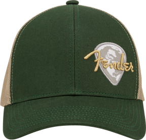 The image shows an olive green Fender baseball cap with tan mesh side panels. The front features an embroidered gold Fender logo overlaying a white and gray guitar pick shape. This official Fender apparel represents the iconic guitar and amplifier brand, popular among musicians and fans of the legendary company known for models like the Stratocaster and Telecaster.