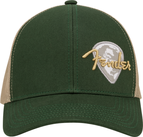 The image shows an olive green Fender baseball cap with tan mesh side panels. The front features an embroidered gold Fender logo overlaying a white and gray guitar pick shape. This official Fender apparel represents the iconic guitar and amplifier brand, popular among musicians and fans of the legendary company known for models like the Stratocaster and Telecaster.