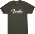The image shows a dark gray Fender t-shirt featuring the iconic white Fender logo across the chest with a striped design and a smaller logo near the neck. Fender is a legendary guitar and amplifier maker known for models like the Stratocaster and Telecaster. This shirt represents the brand’s lifestyle apparel, allowing fans to showcase their connection to the famous musical instrument company.