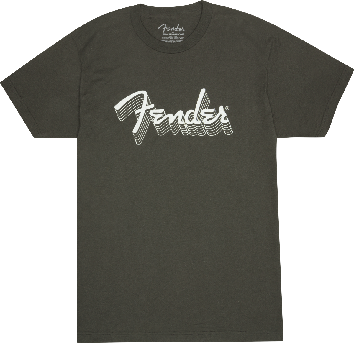 The image shows a dark gray Fender t-shirt featuring the iconic white Fender logo across the chest with a striped design and a smaller logo near the neck. Fender is a legendary guitar and amplifier maker known for models like the Stratocaster and Telecaster. This shirt represents the brand’s lifestyle apparel, allowing fans to showcase their connection to the famous musical instrument company.