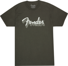The image shows a dark gray Fender t-shirt featuring the iconic white Fender logo across the chest with a striped design and a smaller logo near the neck. Fender is a legendary guitar and amplifier maker known for models like the Stratocaster and Telecaster. This shirt represents the brand’s lifestyle apparel, allowing fans to showcase their connection to the famous musical instrument company.