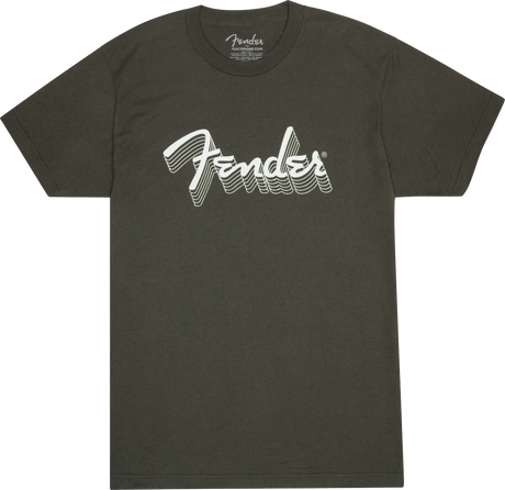 The image shows a dark gray Fender t-shirt featuring the iconic white Fender logo across the chest with a striped design and a smaller logo near the neck. Fender is a legendary guitar and amplifier maker known for models like the Stratocaster and Telecaster. This shirt represents the brand’s lifestyle apparel, allowing fans to showcase their connection to the famous musical instrument company.
