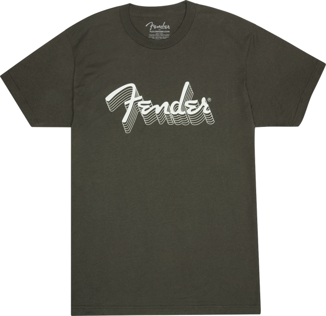 The image shows a dark gray Fender t-shirt featuring the iconic white Fender logo across the chest with a striped design and a smaller logo near the neck. Fender is a legendary guitar and amplifier maker known for models like the Stratocaster and Telecaster. This shirt represents the brand’s lifestyle apparel, allowing fans to showcase their connection to the famous musical instrument company.
