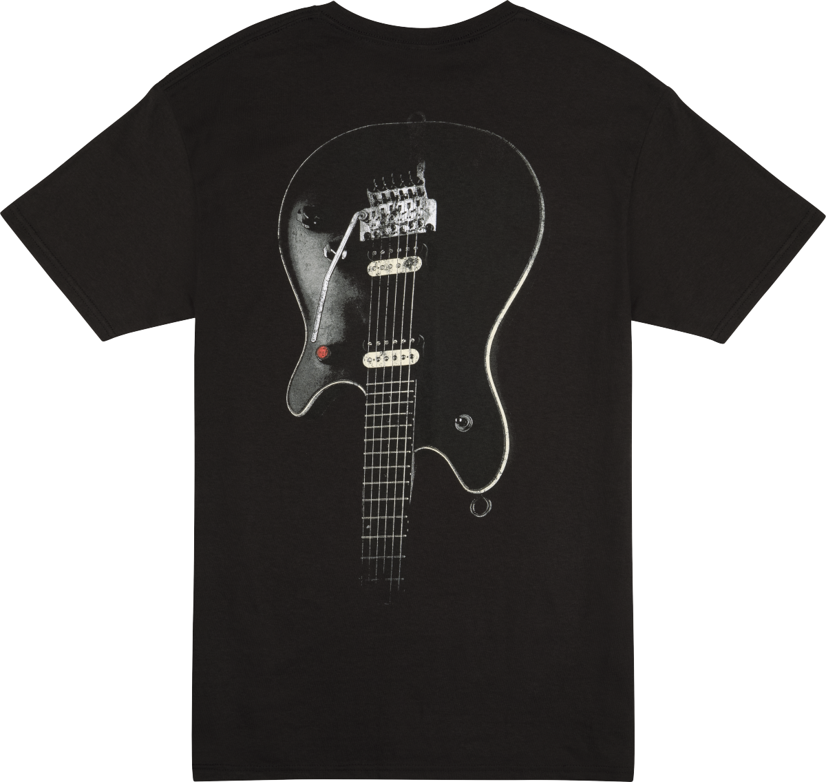 The image shows a black t-shirt with a graphic of a solid-body electric guitar featuring two pickups, a tremolo bridge, six strings, fret markers, control knobs, and a pickup selector switch. The guitar has a dark finish, likely black or deep gray. This guitar-themed shirt is music apparel appealing to guitarists and music fans, commonly sold by music stores and guitar-related retailers.