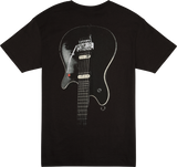 The image shows a black t-shirt with a graphic of a solid-body electric guitar featuring two pickups, a tremolo bridge, six strings, fret markers, control knobs, and a pickup selector switch. The guitar has a dark finish, likely black or deep gray. This guitar-themed shirt is music apparel appealing to guitarists and music fans, commonly sold by music stores and guitar-related retailers.