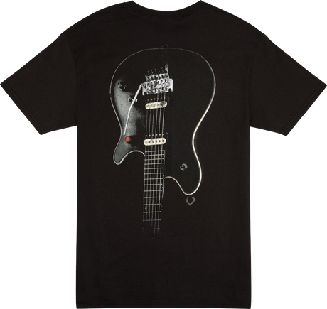 The image shows a black t-shirt with a graphic of a solid-body electric guitar featuring two pickups, a tremolo bridge, six strings, fret markers, control knobs, and a pickup selector switch. The guitar has a dark finish, likely black or deep gray. This guitar-themed shirt is music apparel appealing to guitarists and music fans, commonly sold by music stores and guitar-related retailers.